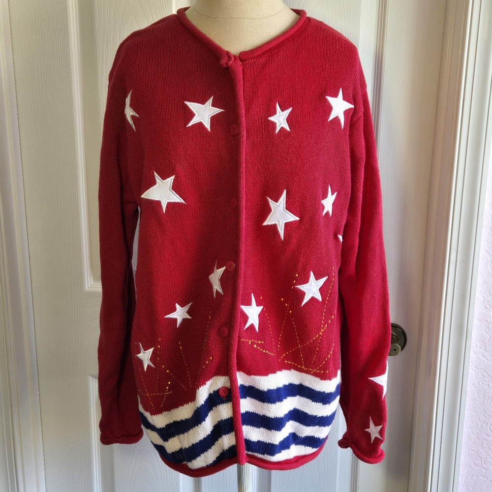 4th Of July Quacker Factory red white blue patriotic cardigan sweater Size M
